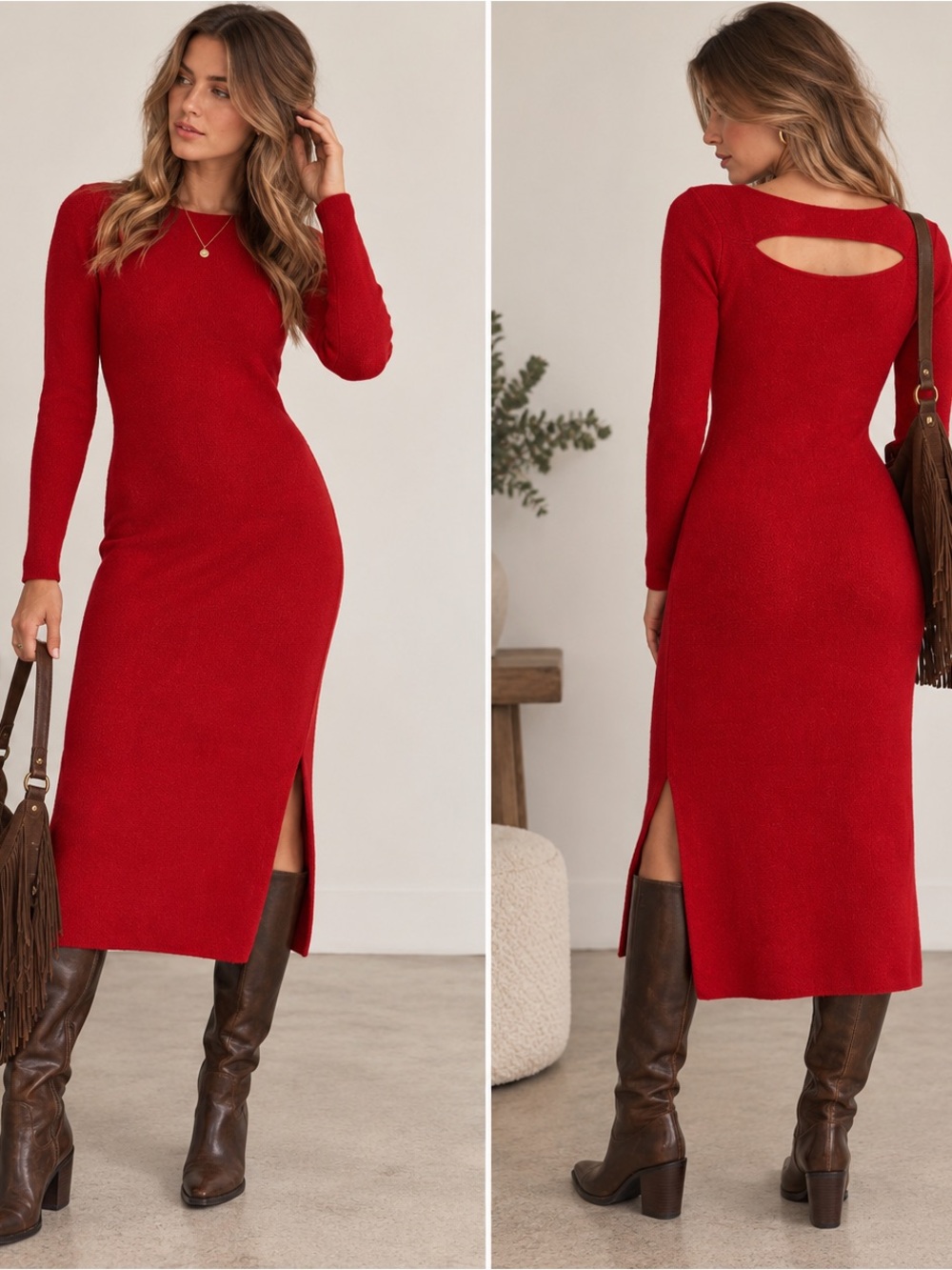 NAADAM 100% Cashmere Red Midi Sweater Dress Size Small Cutout